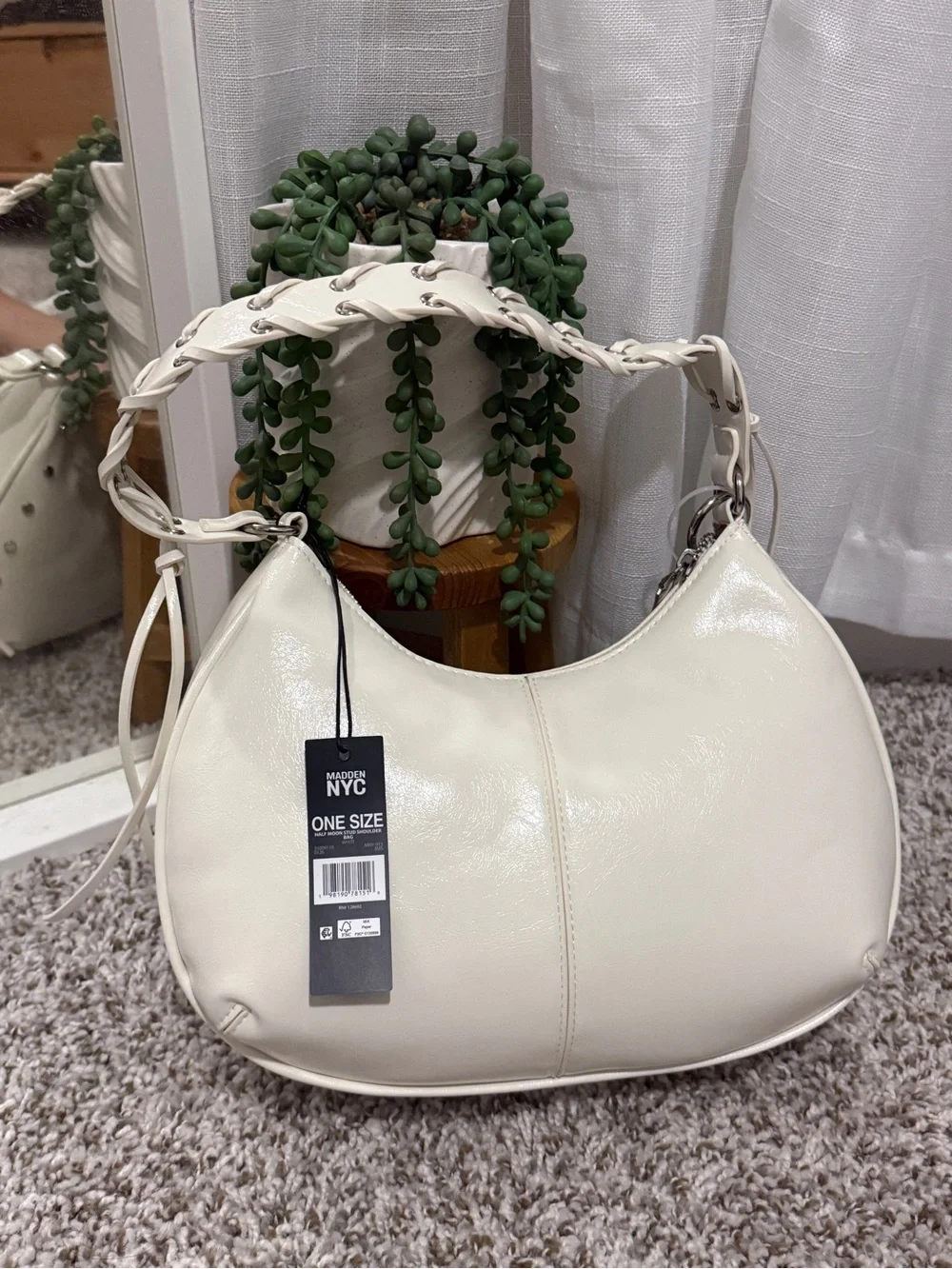 Madden NYC White Studded Hobo Shoulder Bag with Charm